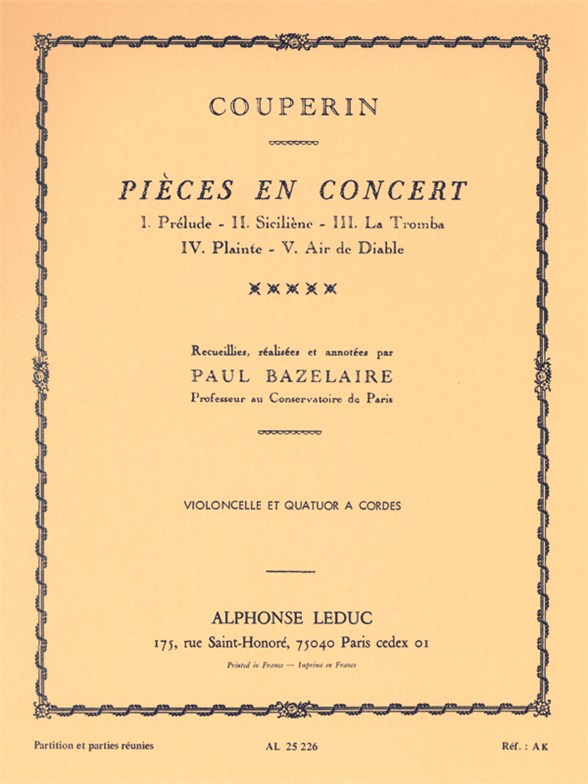Couperin Concert Pieces Bazelaire Cello & Str 4tet Sheet Music Songbook