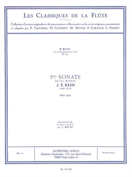 Bach Sonata No7 Bwv1020 Gmin Flute & Piano Sheet Music Songbook