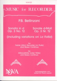 Bellinzani Sonata D Op3 No 12 Treble Recorder & Pf Sheet Music Songbook