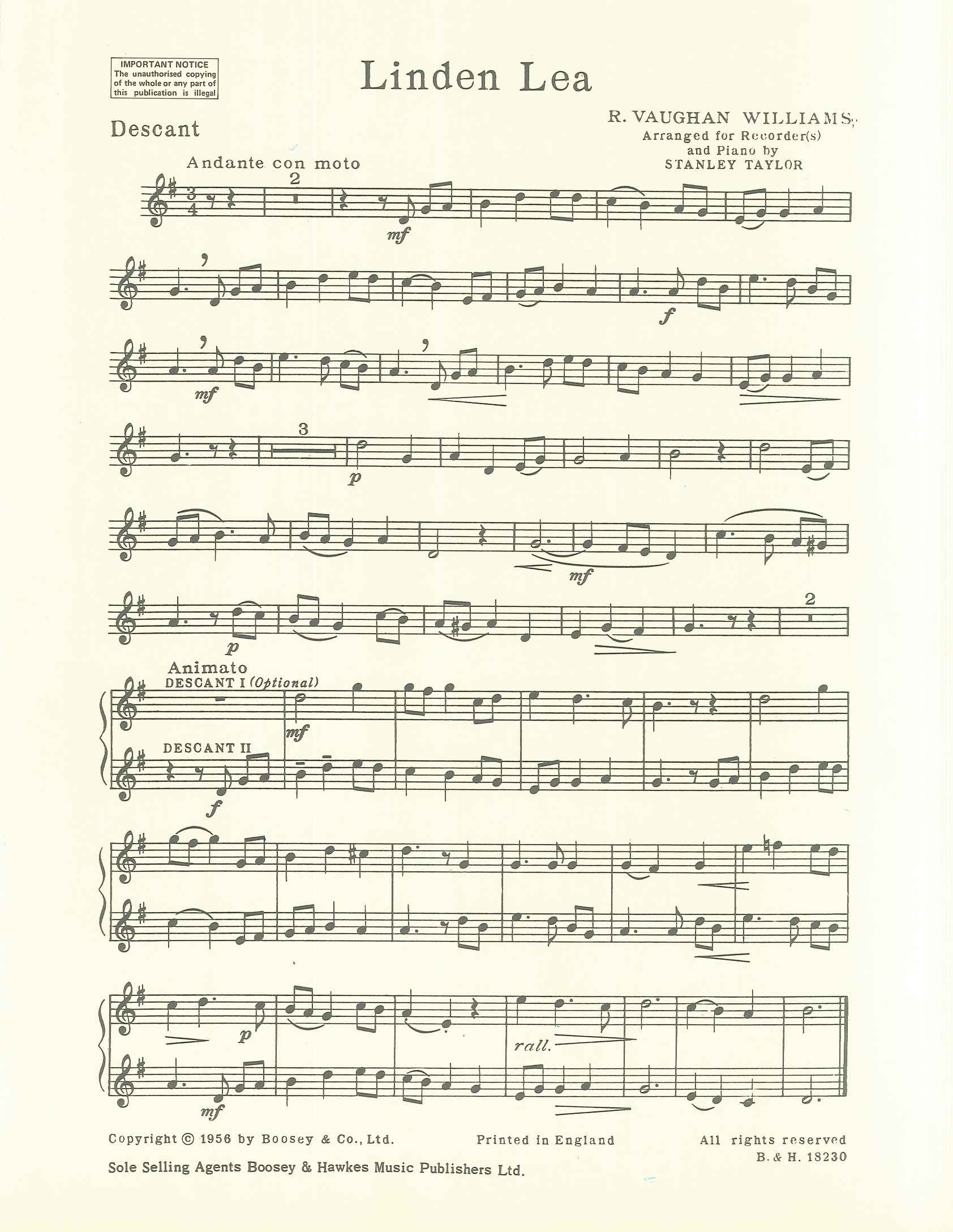 Vaughan Williams Linden Lea Descant Recorder Sheet Music Songbook
