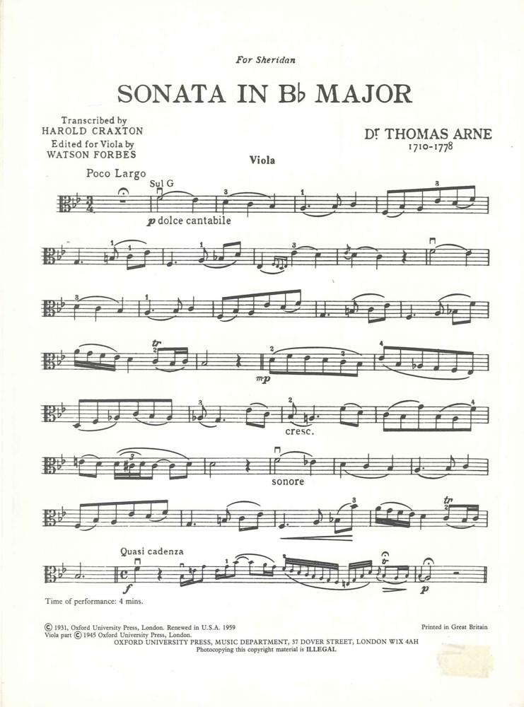 Arne Sonata Bb Viola Part Only Sheet Music Songbook