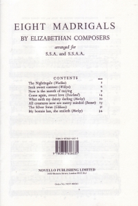 8 Madrigals By Elizabethan Composers Ssa & Ssaa Sheet Music Songbook