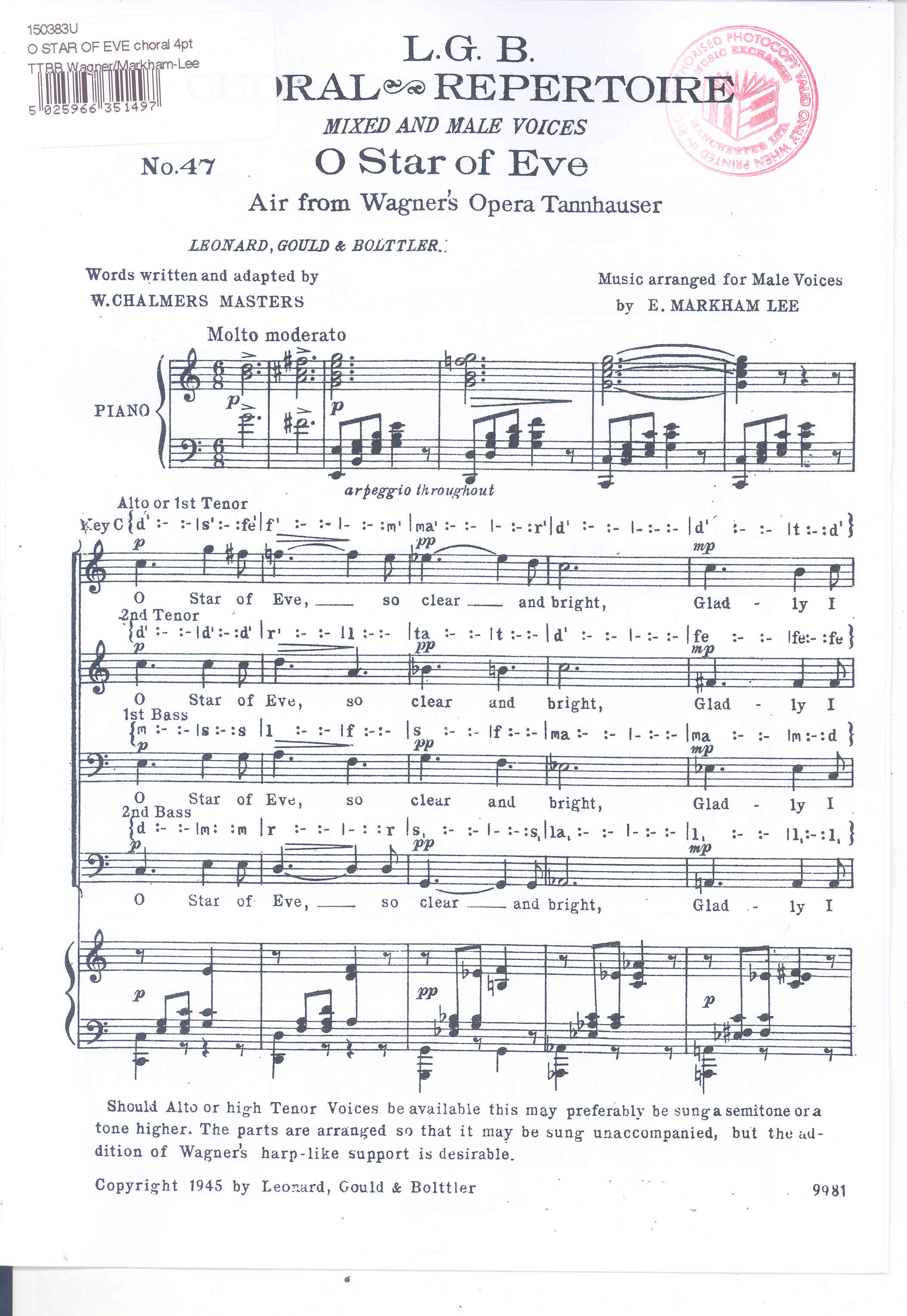 O Star Of Eve Choral 4pt Ttbb Wagner/markham-lee Sheet Music Songbook