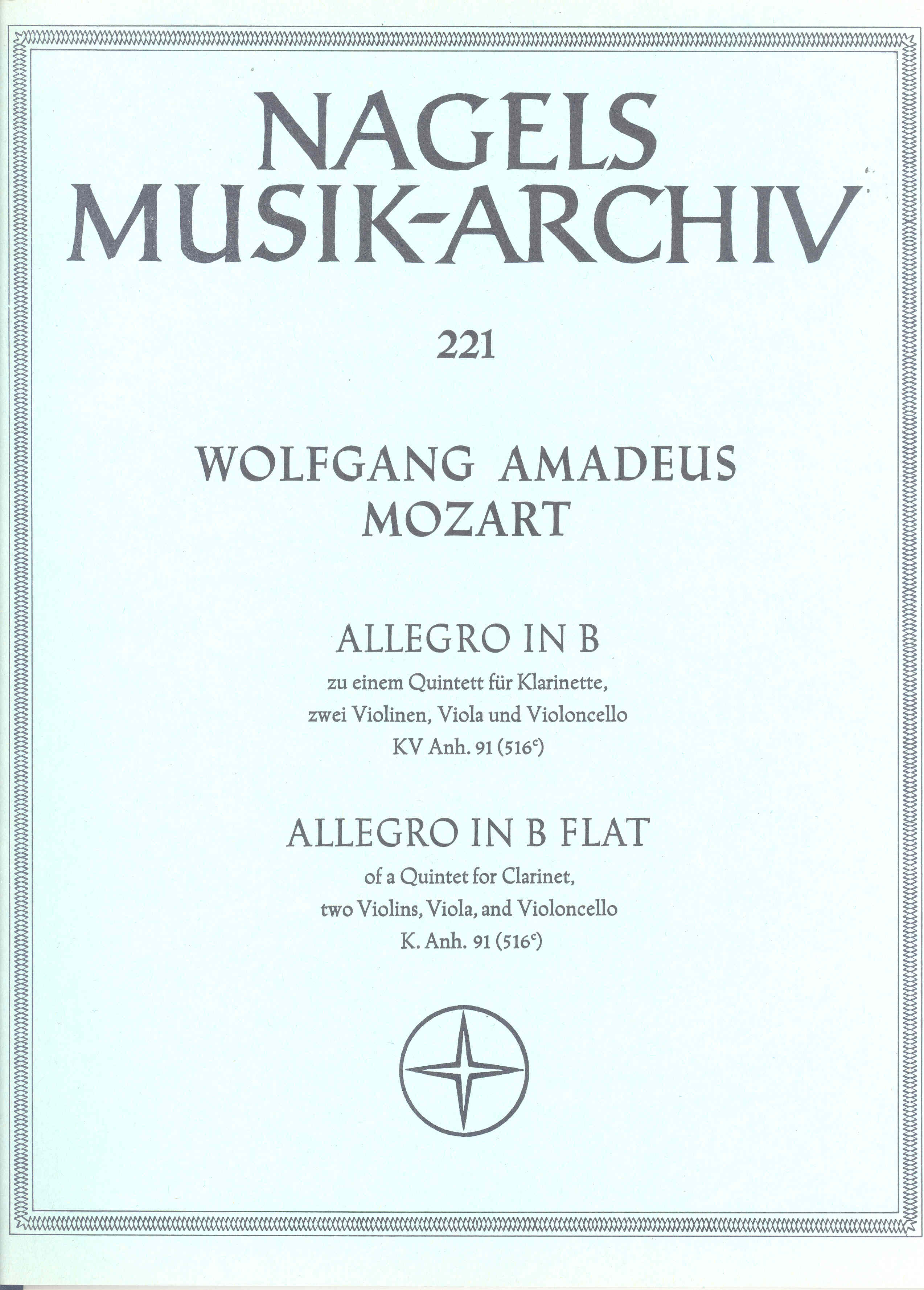 Mozart Allegro In B-flat (k Anh 91) (k 516c) Cham Sheet Music Songbook
