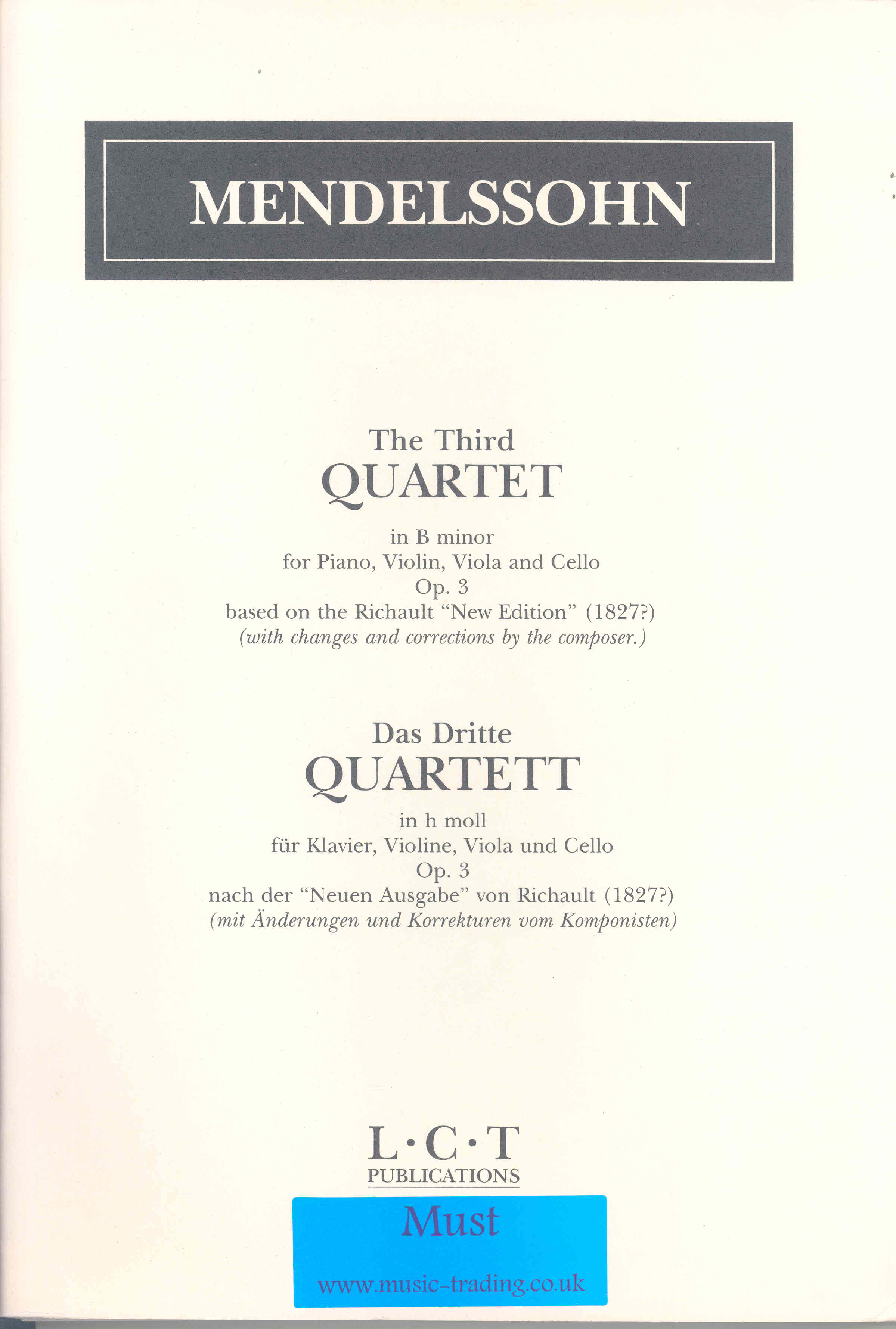 Mendelssohn Piano Quartet No3 Bmin Op3 Sheet Music Songbook