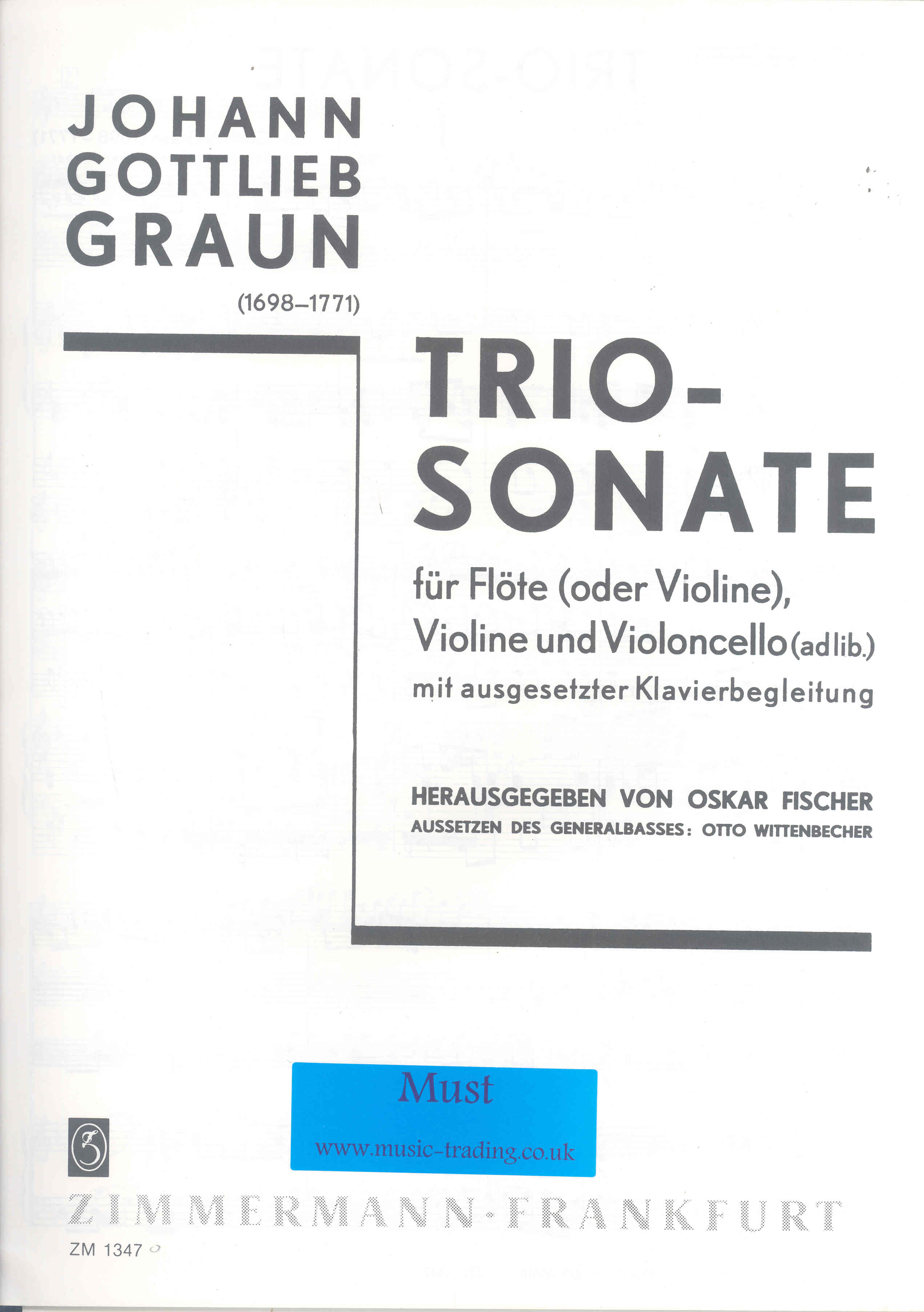 Graun Trio Sonata F Flute, Violin, & Cello Sheet Music Songbook