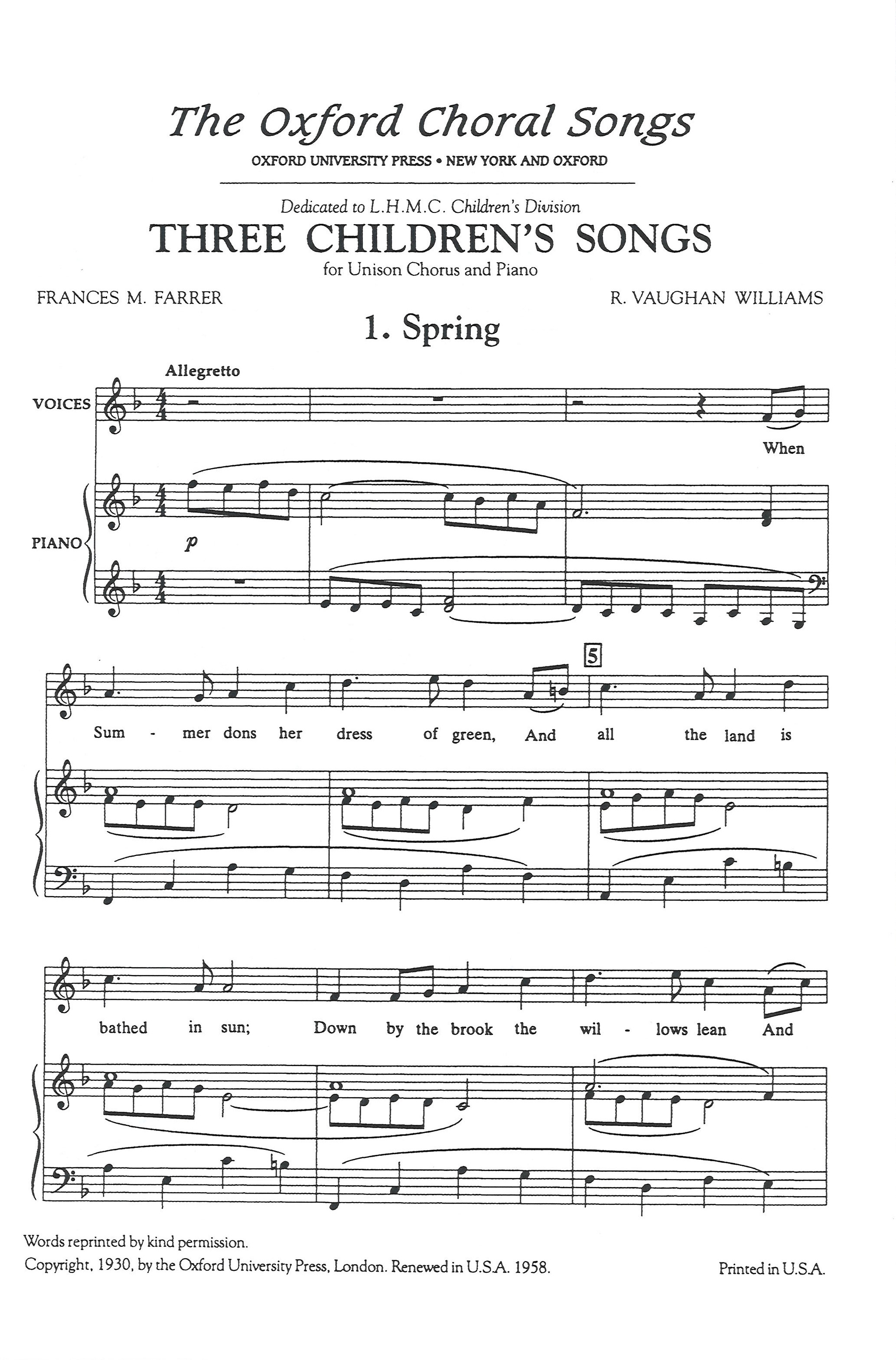 Spring (3 Childrens Songs) Rv Williams Unison Sheet Music Songbook