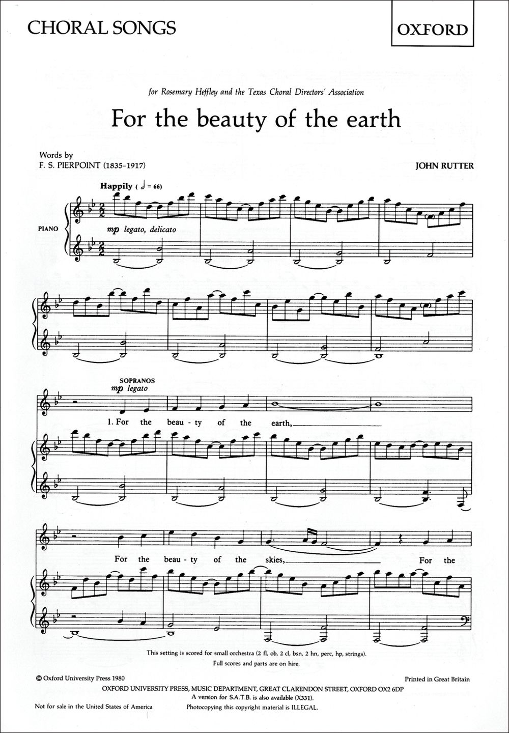 For The Beauty Of The Earth Rutter 2pt Sheet Music Songbook