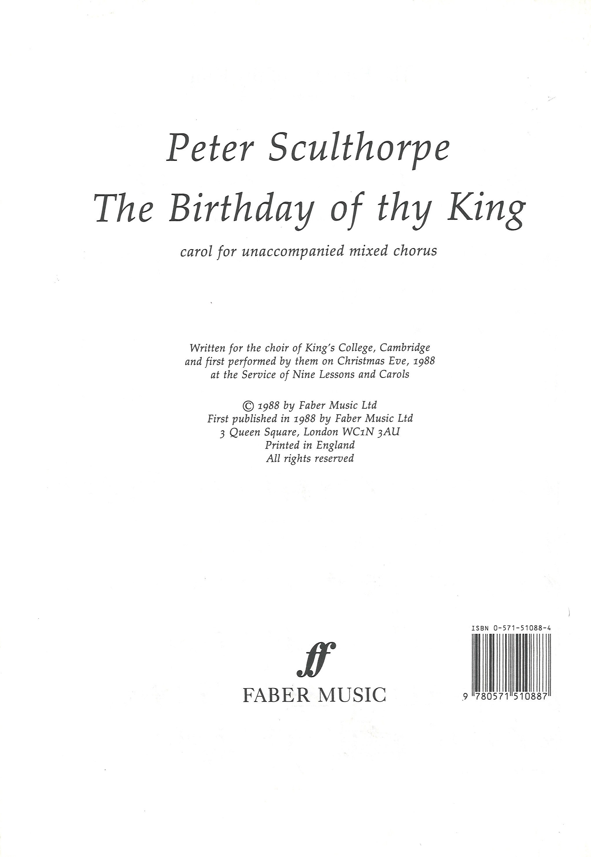 Birthday Of Thy King Sculthorpe Satb Sheet Music Songbook