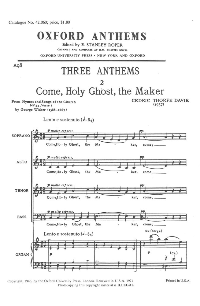 Come Holy Ghost The Maker Davie Satb Sheet Music Songbook