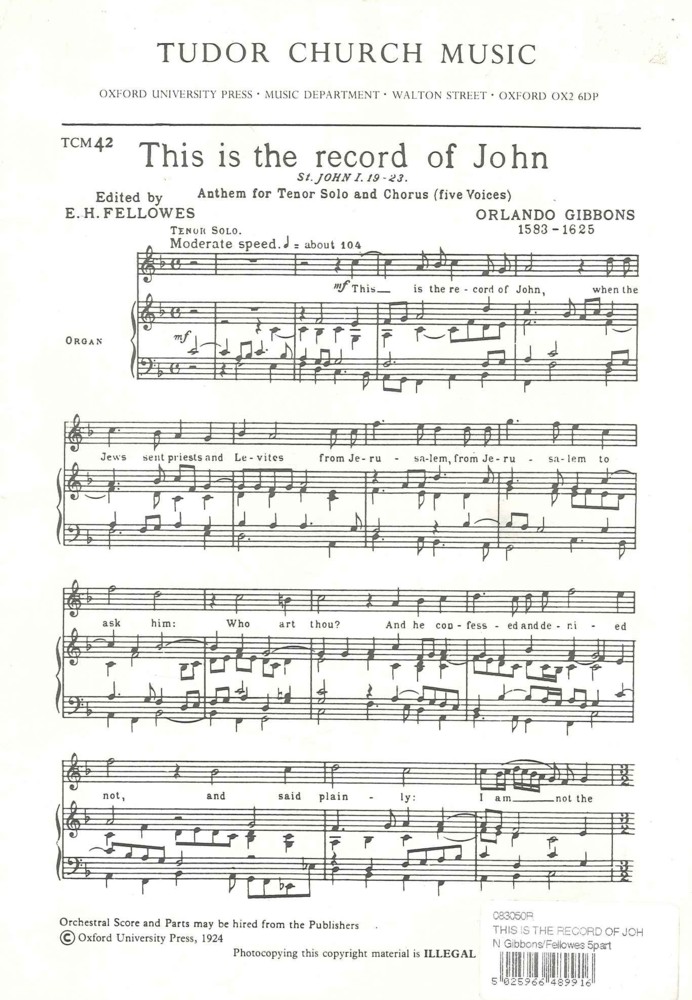 This Is The Record Of John Gibbons/fellowes 5part Sheet Music Songbook