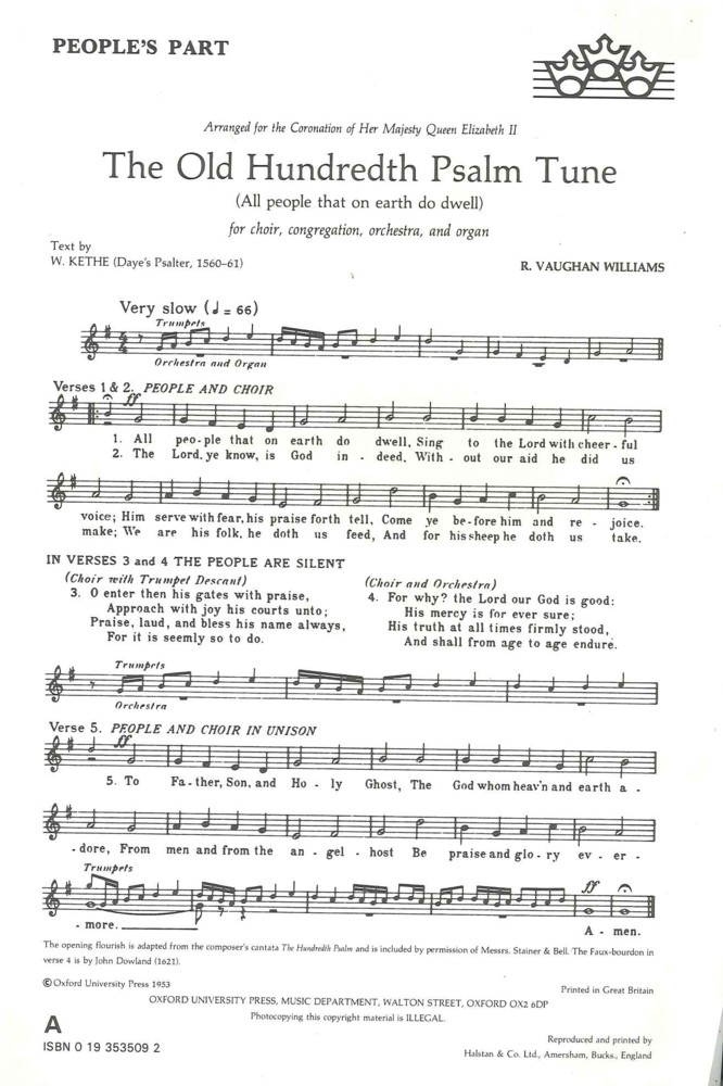 Old Hundredth Psalm Tune V-williams Peoples Part Sheet Music Songbook