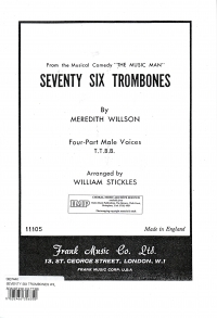 Seventy Six Trombones Wilson/stickles Ttbb Sheet Music Songbook