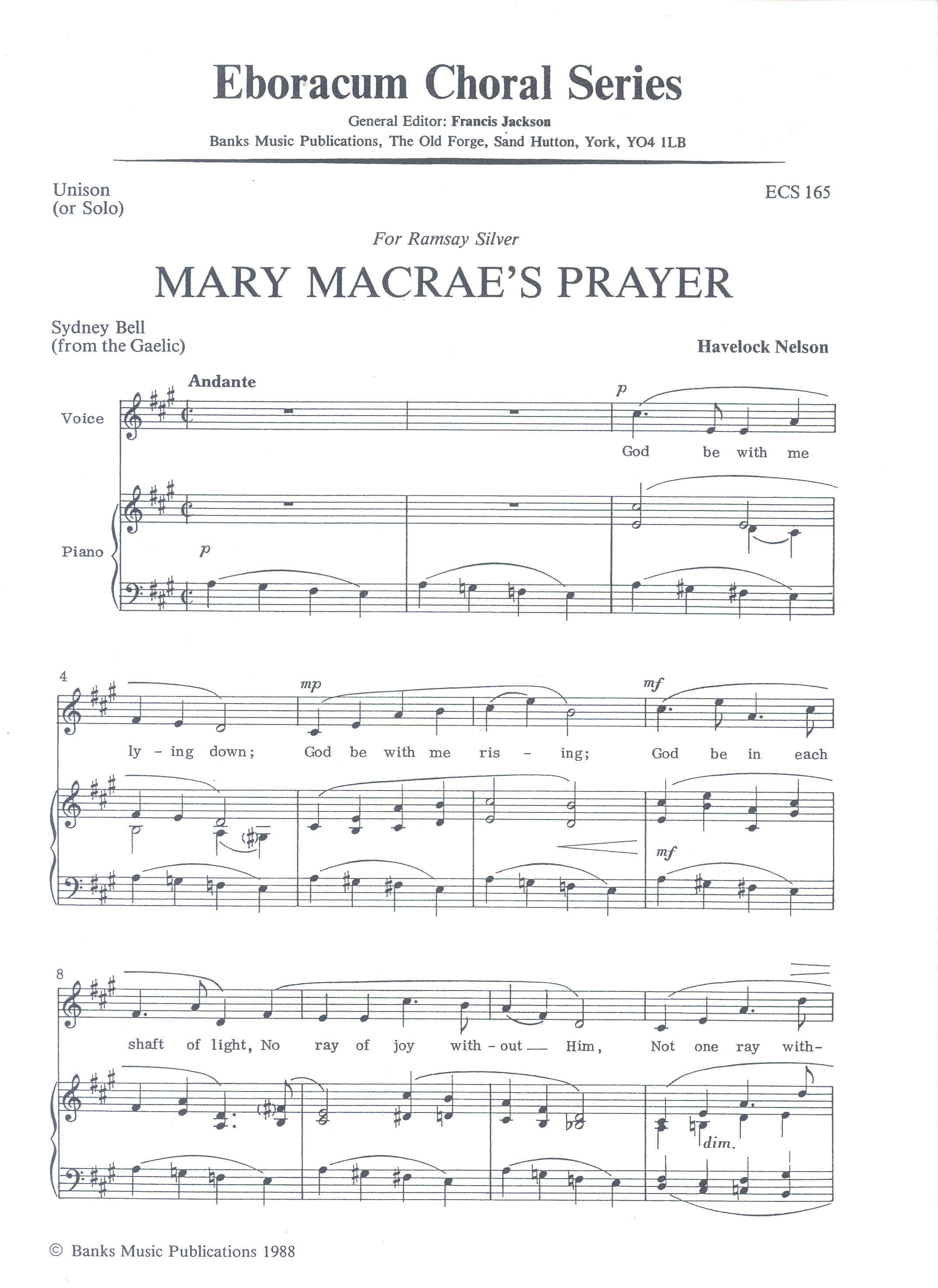 Mary Macraes Prayer Nelson Unison Sheet Music Songbook