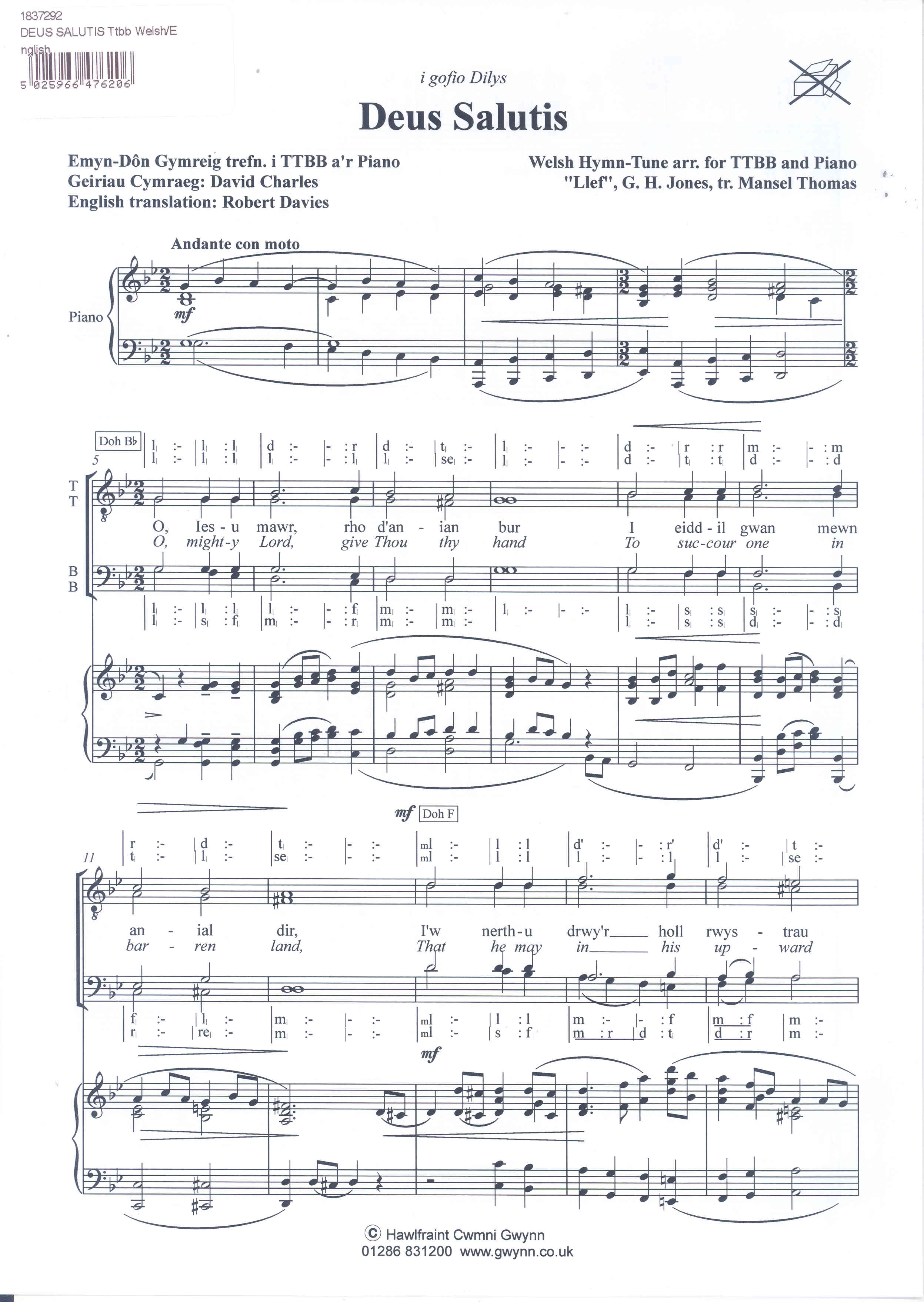 Deus Salutis Ttbb Welsh/english Sheet Music Songbook