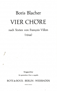 Blacher 4 Chorales After Francois Villon (1944) Sheet Music Songbook