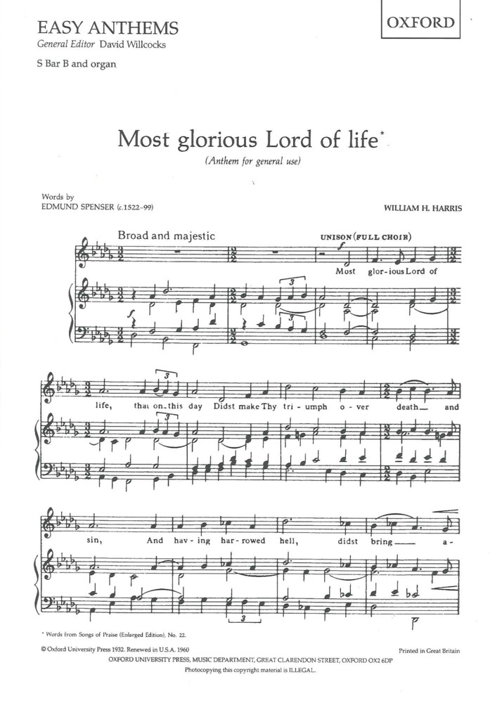 Most Glorious Lord Of Life Harris Sheet Music Songbook