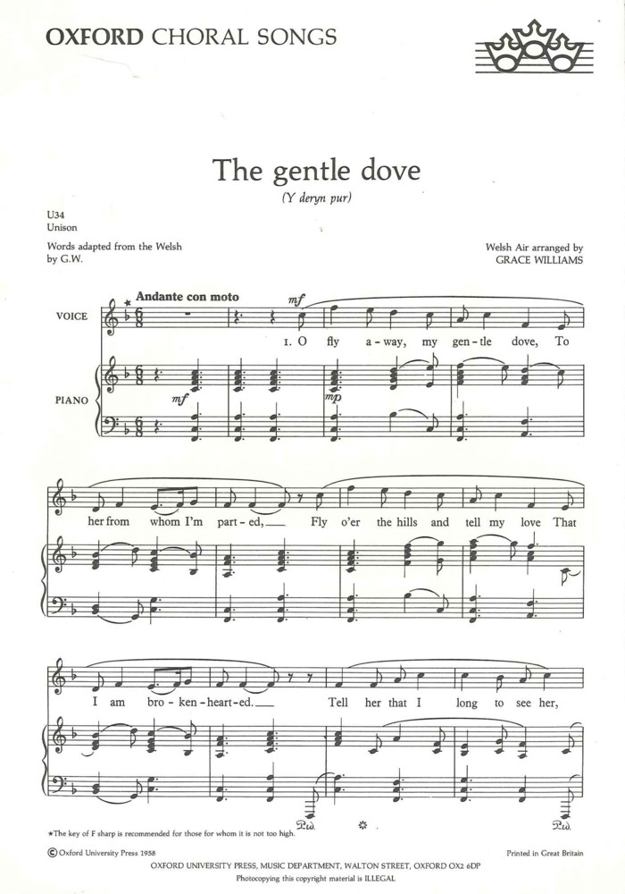 Gentle Dove (y Deryn Pur) Unison Voice Sheet Music Songbook