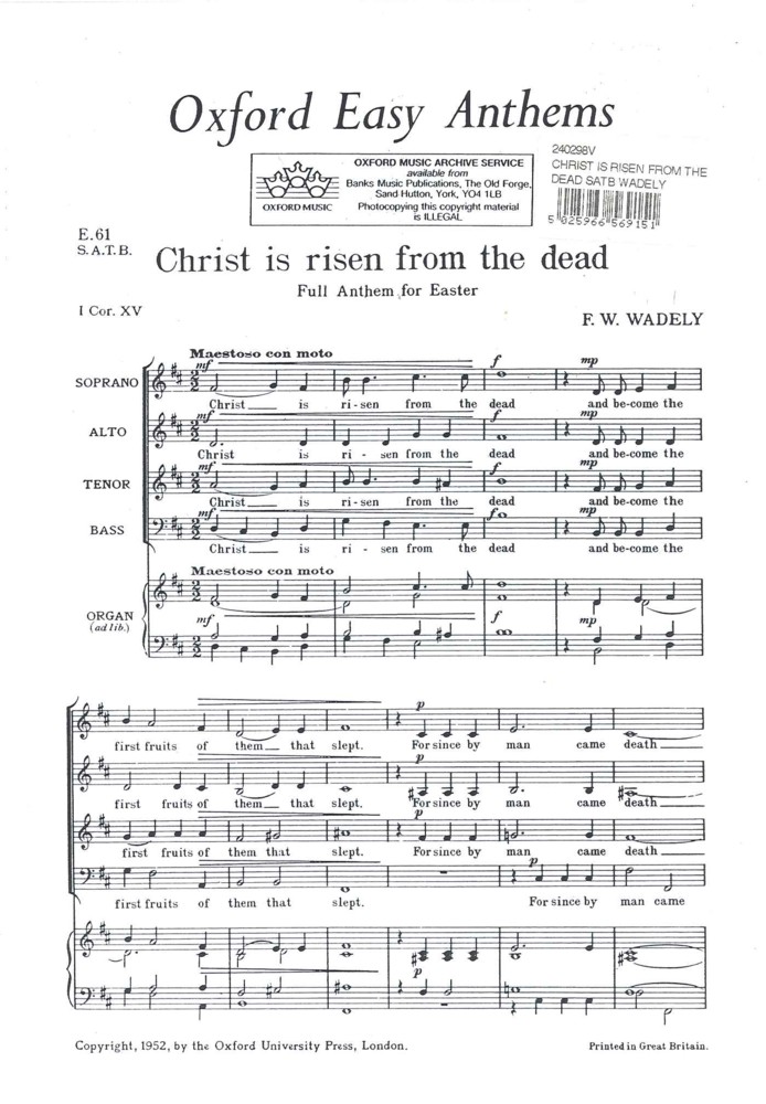 Christ Is Risen From The Dead Satb Wadely Sheet Music Songbook