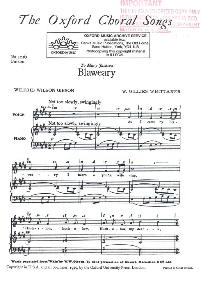 Blaweary Whittaker Unison Sheet Music Songbook