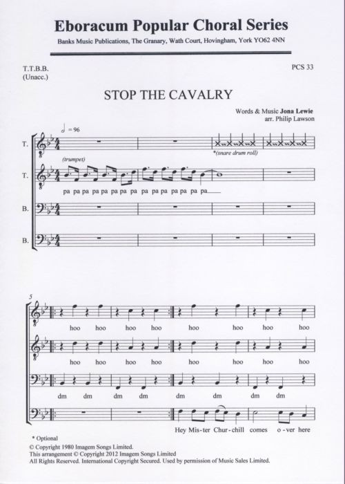 Stop The Cavalry Jona Lewie/lawson Ttbb Sheet Music Songbook