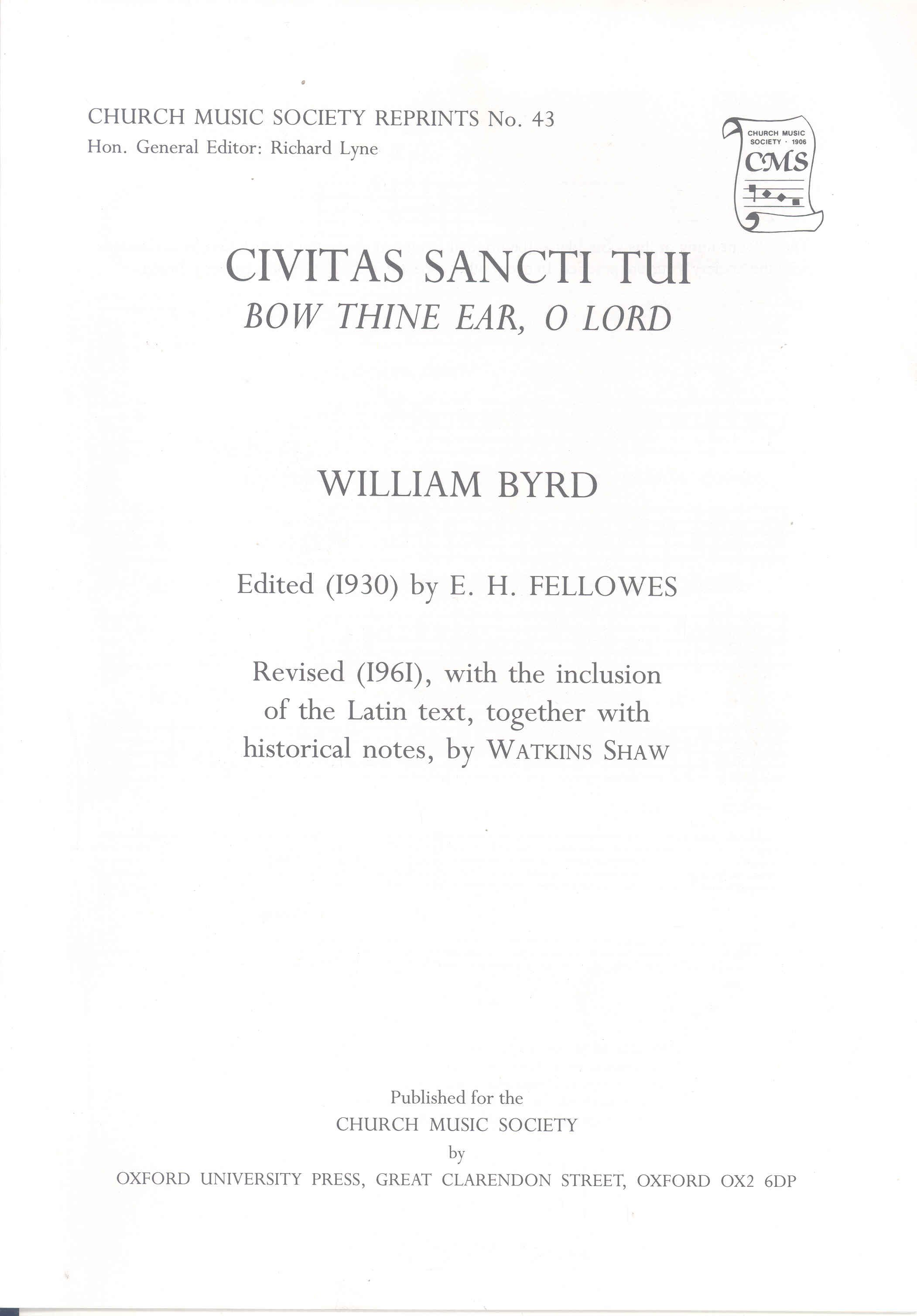 Civitas Sancti Tui Byrd/fellowes Sattb & Organ Sheet Music Songbook