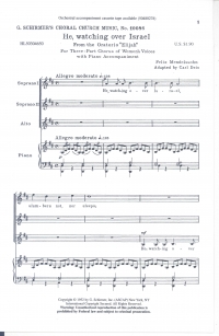 He Watching Over Israel Mendelssohn Ssa Sheet Music Songbook